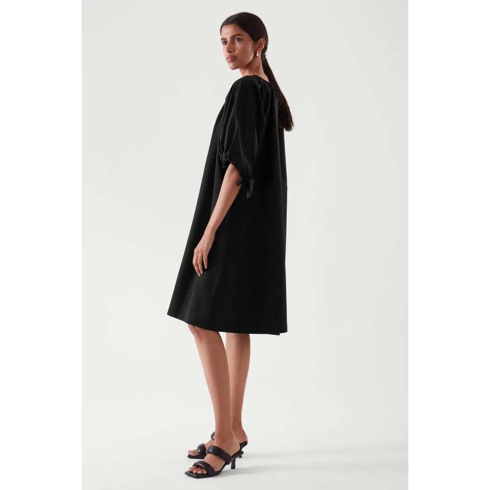 COS gathered puff sleeve swing dress size M/L black cotton minimalist